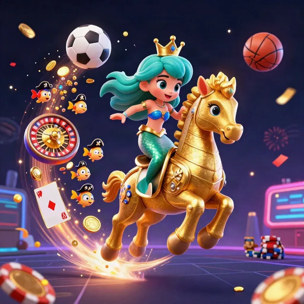 Mermaid princess on a golden seahorse amid casino icons, coins, and flying sports balls.
