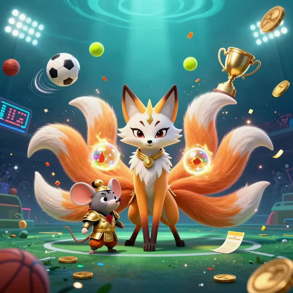 Neon fox spirit and armored mouse amid flying sports balls, coins, and stadium lights.