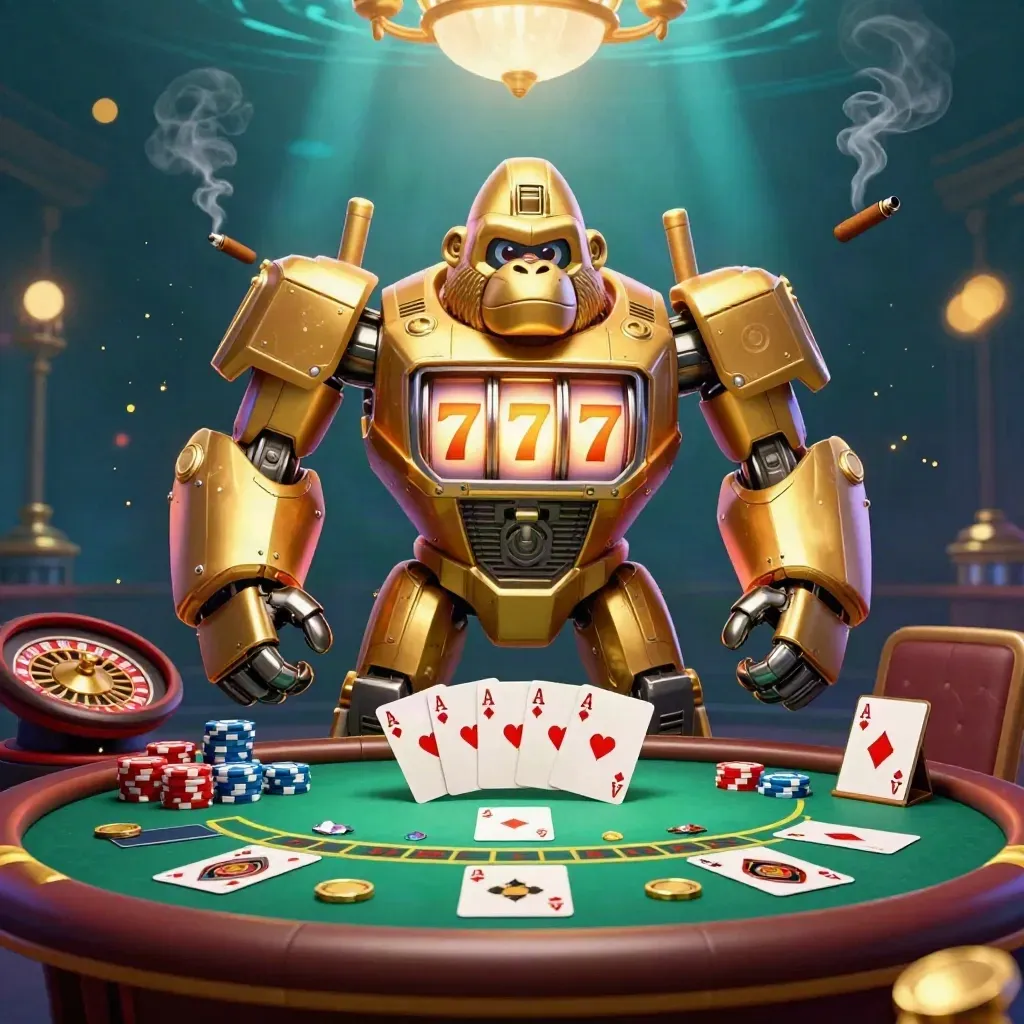 Golden gorilla slot mech with monkey pilot amid chips, cards, roulette, and casino glow.