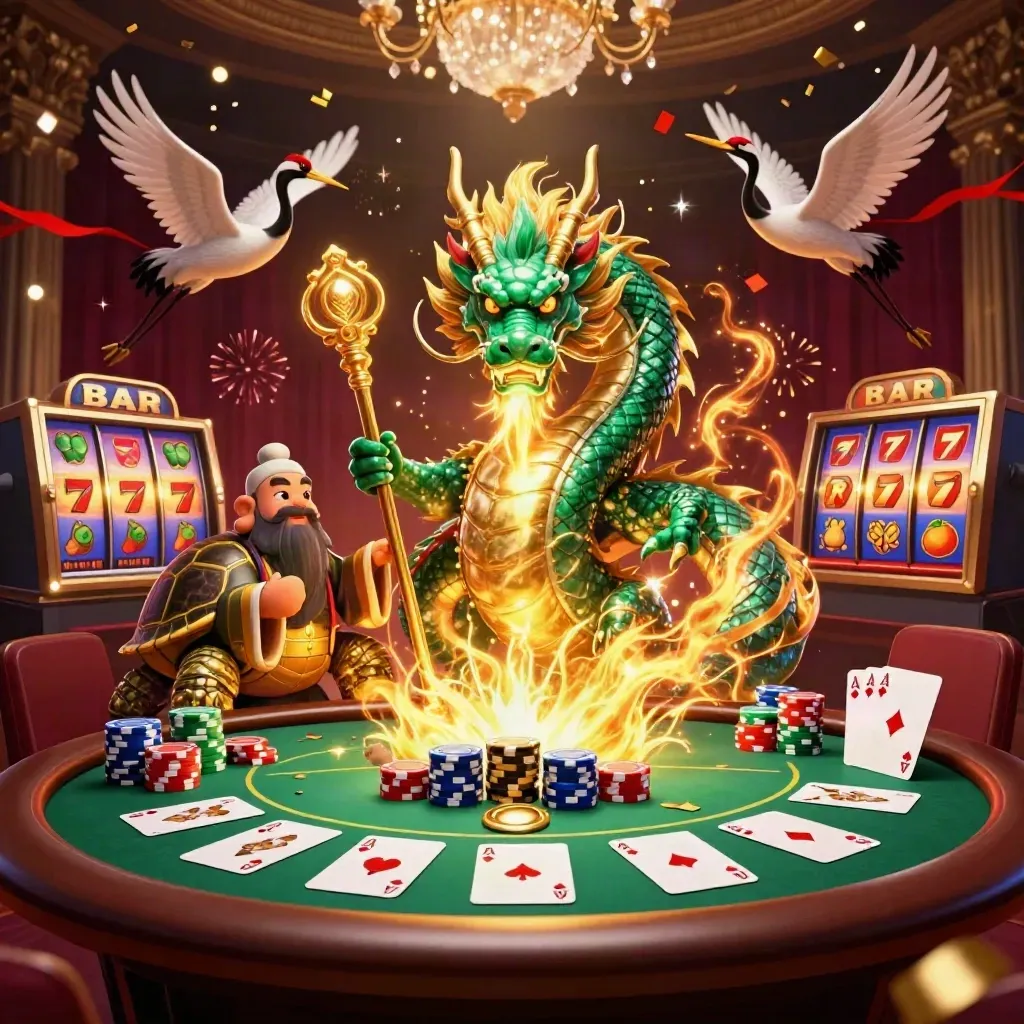 Emerald dragon, turtle sage, and cranes amid casino magic, chips, cards, fireworks, and gold glow.