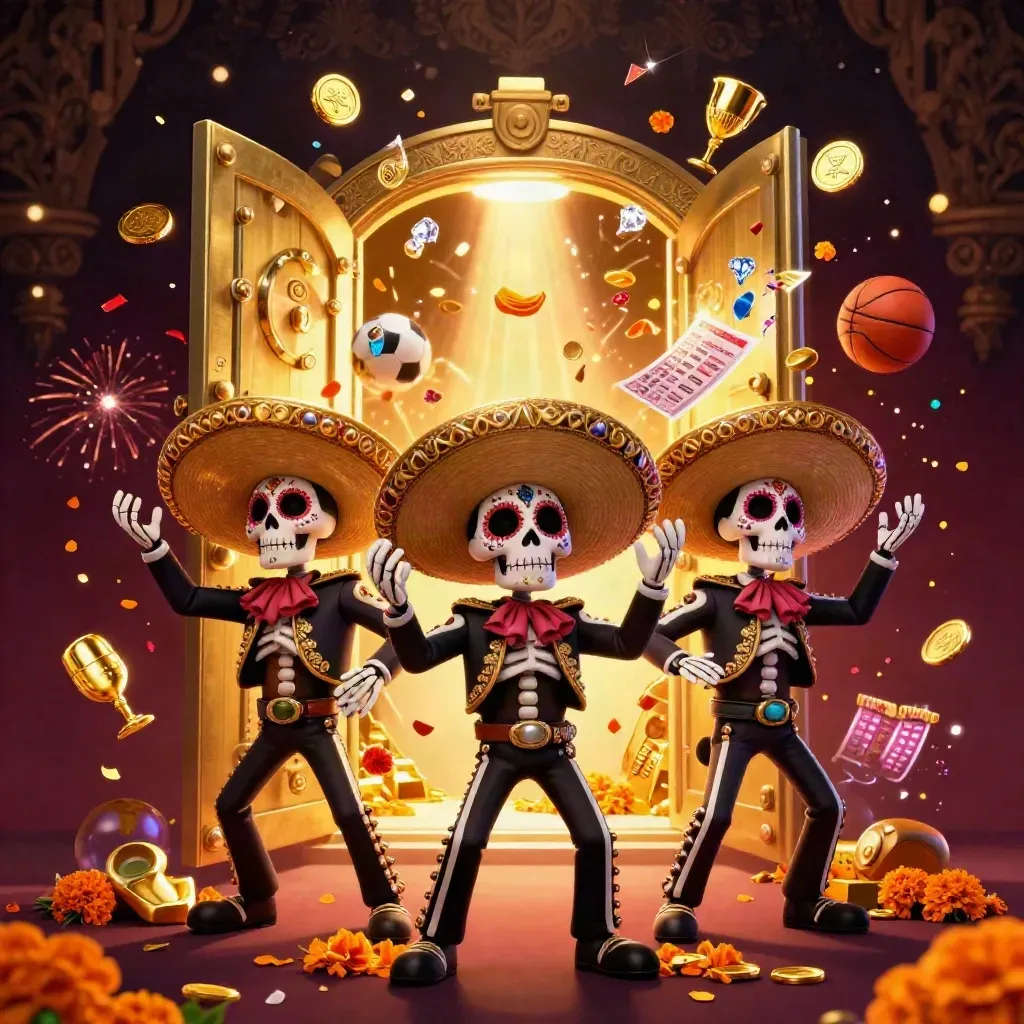 Skeleton mariachi trio amid a vault burst, gold coins, jewels, confetti, and fireworks